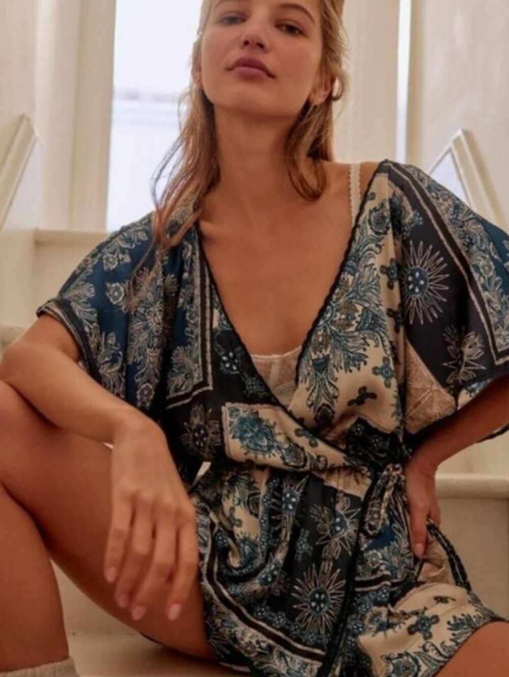 Free People Oasis Flowy Wrap Sliky Romper  Small & Medium Indigo Blue NWT$98